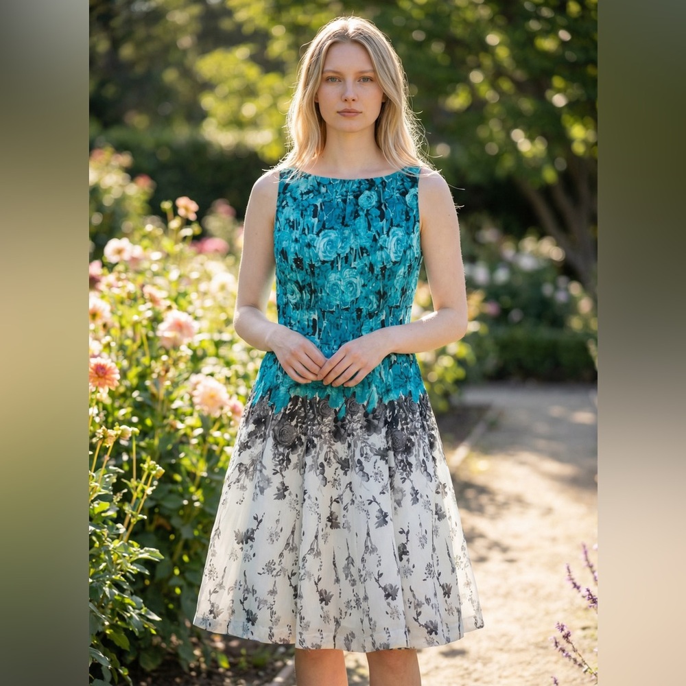 Gabby Skye Teal and White Floral Ombre Mid length Dress size 10
